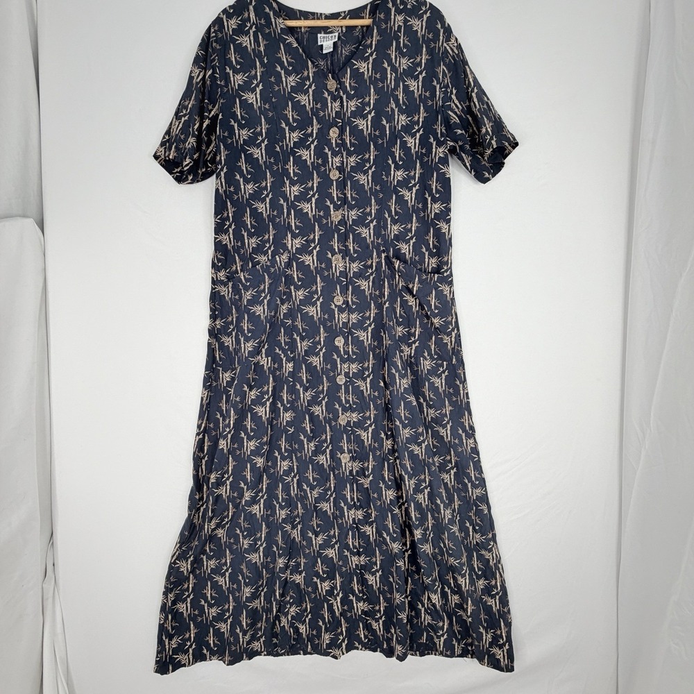 Chico's vintage Short sleeve maxi Shirt Dress bamboo print 100% silk Navy SZ-1‎